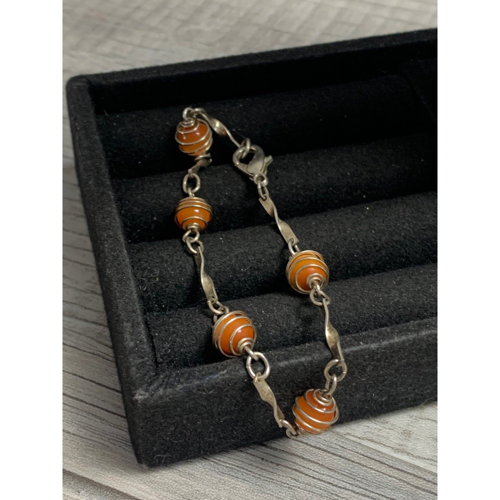 Vintage Silver Tone Wire Wrapped Orange Bead Link Bracelet 6 Inch 5251